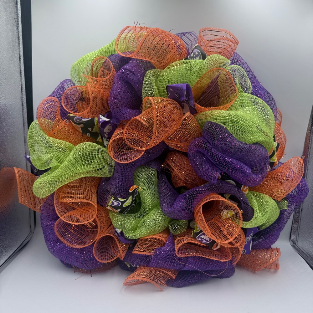 Handmade Halloween Deco Mesh Wreath Purple Orange Green Boo Ghost Pumpkin 21"